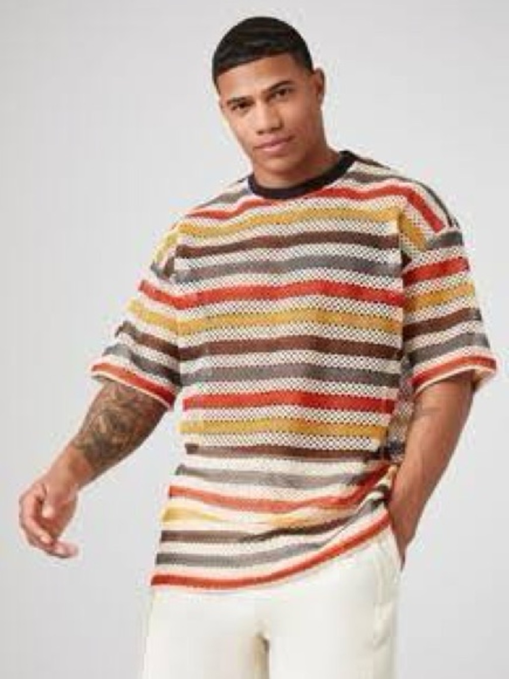 Forever 21 Men's Striped Crewneck Sweater in Red, Yellow, Brown & White